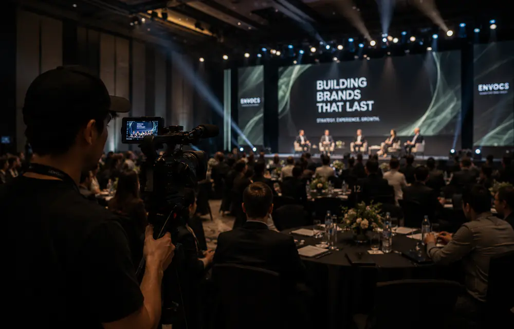 Cinematic corporate event coverage showing a videographer capturing more than basic documentation